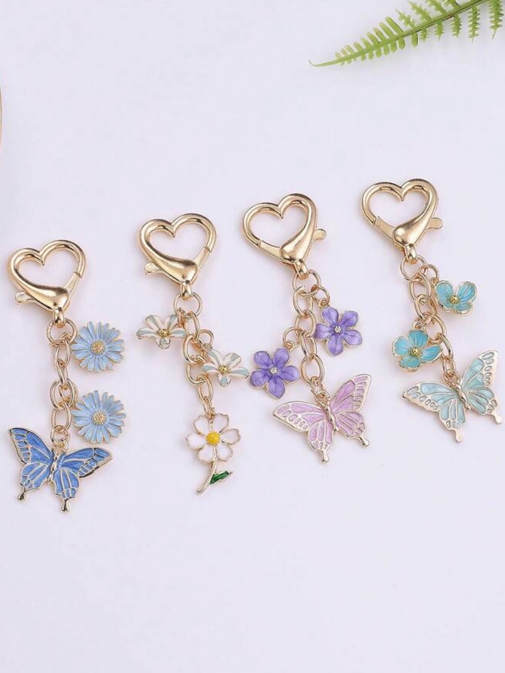 Gold Heart Butterfly & Flower bag Charms - Blue, Purple, Teal, White